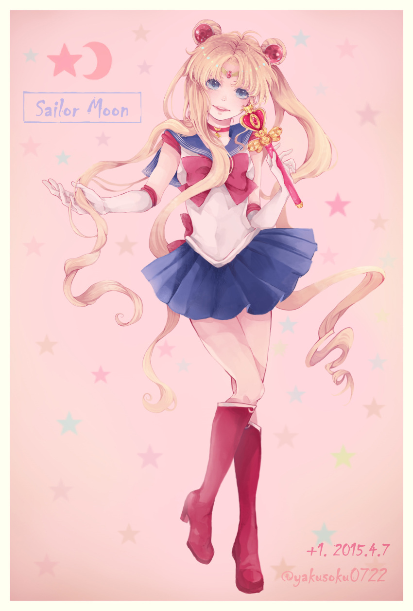 +1_(yakusoku0722) 1girl 2015 bishoujo_senshi_sailor_moon blonde_hair blue_eyes blue_skirt boots bow character_name choker crescent dated double_bun earrings hair_ornament hairpin highres jewelry knee_boots long_hair magical_girl pink_background pleated_skirt red_boots red_bow sailor_collar sailor_moon skirt smile solo spiral_heart_moon_rod standing star tiara tsukino_usagi twintails twitter_username wand