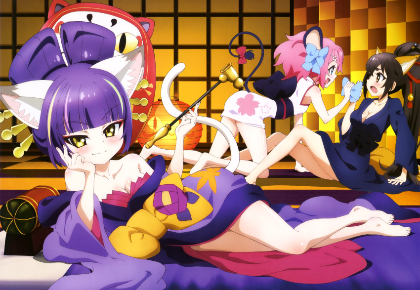 3girls a_(show_by_rock!!) absurdres animal_ears bow breasts cleavage daru_dayu hair_bow hair_ribbon highres legs long_hair lying moa_(show_by_rock!!) multiple_girls nyantype official_art on_side open_mouth pink_hair ponytail purple_hair ribbon show_by_rock!! smile tail very_long_hair yellow_eyes