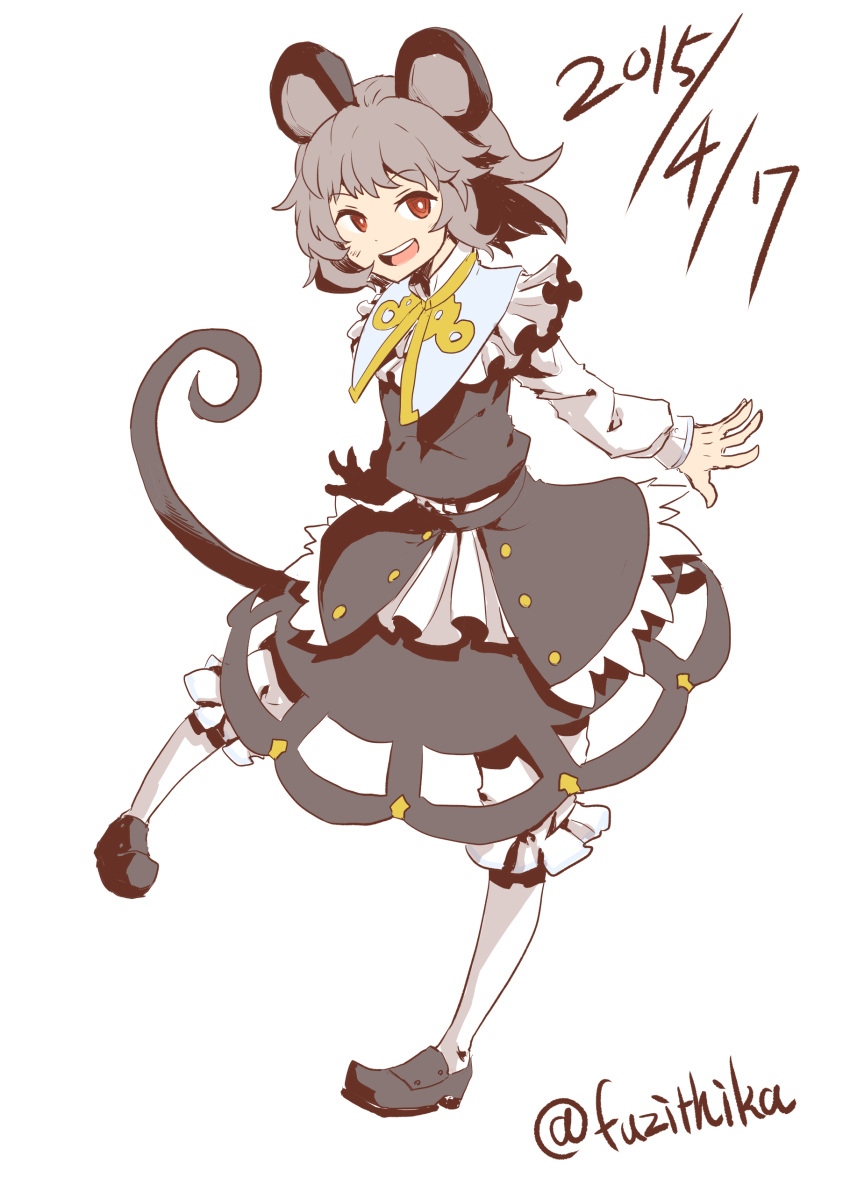 1girl 2015 absurdres animal_ears capelet dated grey_hair highres mouse_ears mouse_tail nazrin open_mouth red_eyes short_hair sketch smile solo tail the_maa touhou