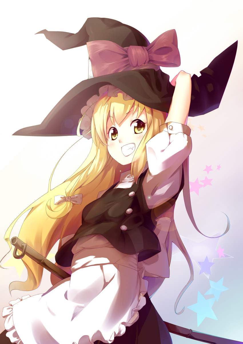 1girl absurdres apron arm_up blonde_hair blush bow broom gradient gradient_background grin hair_bow hair_ornament hat hat_ribbon hei_huo_chong highres kirisame_marisa long_hair looking_at_viewer multicolored_background puffy_sleeves ribbon shirt short_sleeves skirt skirt_set smile solo star touhou turtleneck vest waist_apron witch_hat yellow_eyes