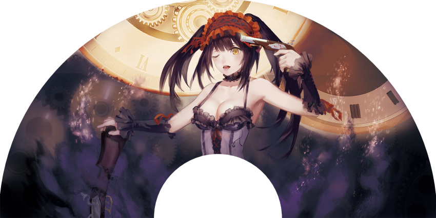 1girl bare_shoulders black_hair breasts cleavage clock clock_eyes date_a_live dual_wielding garter_straps gears gun hairband highres liyou-ryon lolita_fashion lolita_hairband long_hair looking_at_viewer one_eye_closed open_mouth rifle smile solo thigh-highs tokisaki_kurumi twintails weapon yellow_eyes