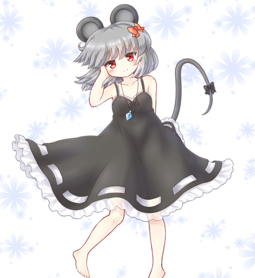 1girl adapted_costume animal_ears bare_arms bare_shoulders barefoot bell collarbone dress gem grey_dress grey_hair hair_bobbles hair_ornament hand_in_hair head_tilt highres jewelry looking_at_viewer mofu_mofu mouse_ears mouse_tail nazrin necklace pendant red_eyes silver_hair sleeveless sleeveless_dress smile solo tail tail_bell touhou
