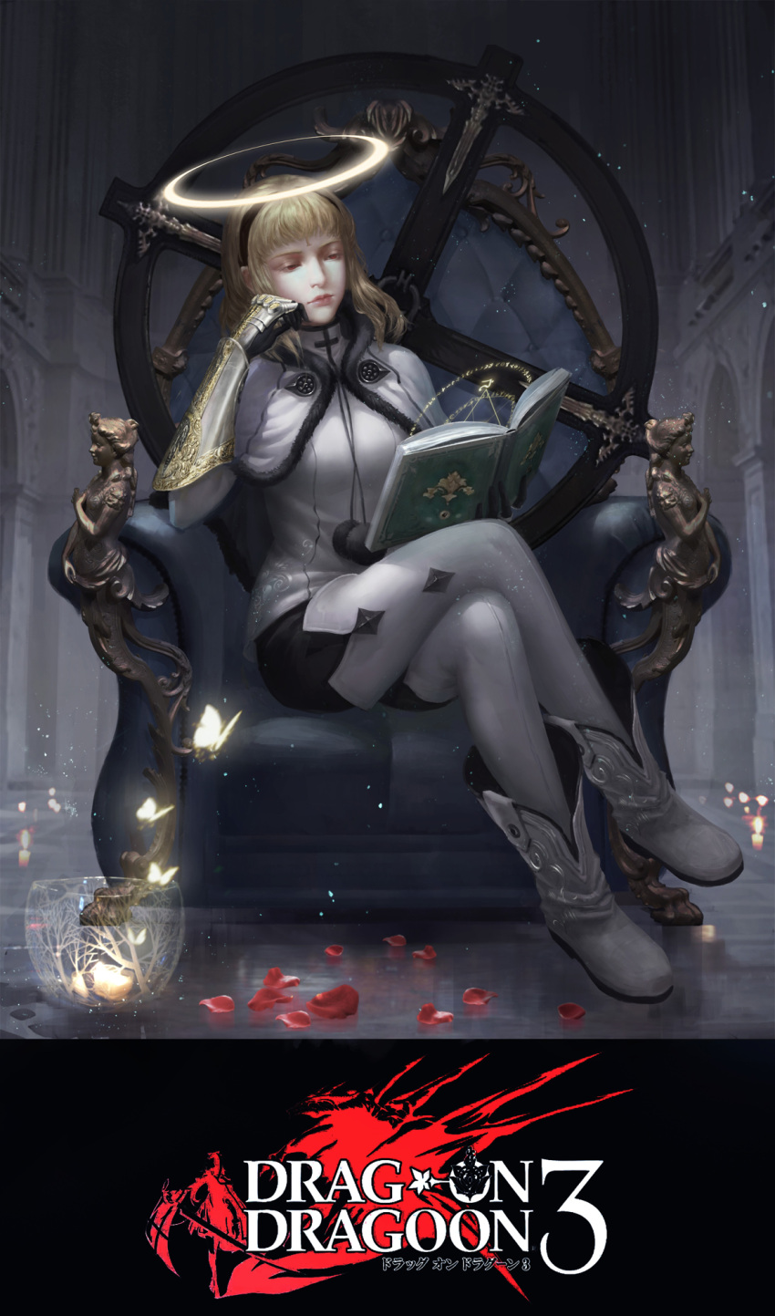 1girl artist_request blonde_hair book bowl butterfly capelet cross crossed_legs drag-on_dragoon drag-on_dragoon_3 gauntlets glass glowing hairband half-closed_eyes halo highres magic_circle one_(drag-on_dragoon) petals red_eyes short_hair terrarium thigh-highs throne