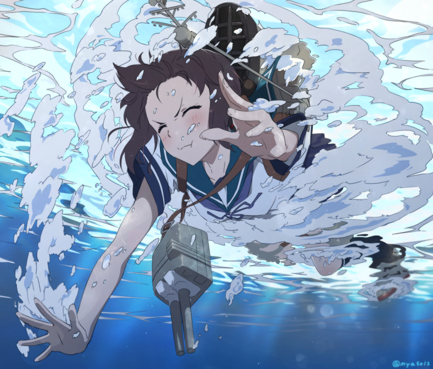 black_hair closed_eyes fubuki_(kantai_collection) holding_breath kantai_collection long_hair m-ya machinery school_uniform serafuku turret underwater