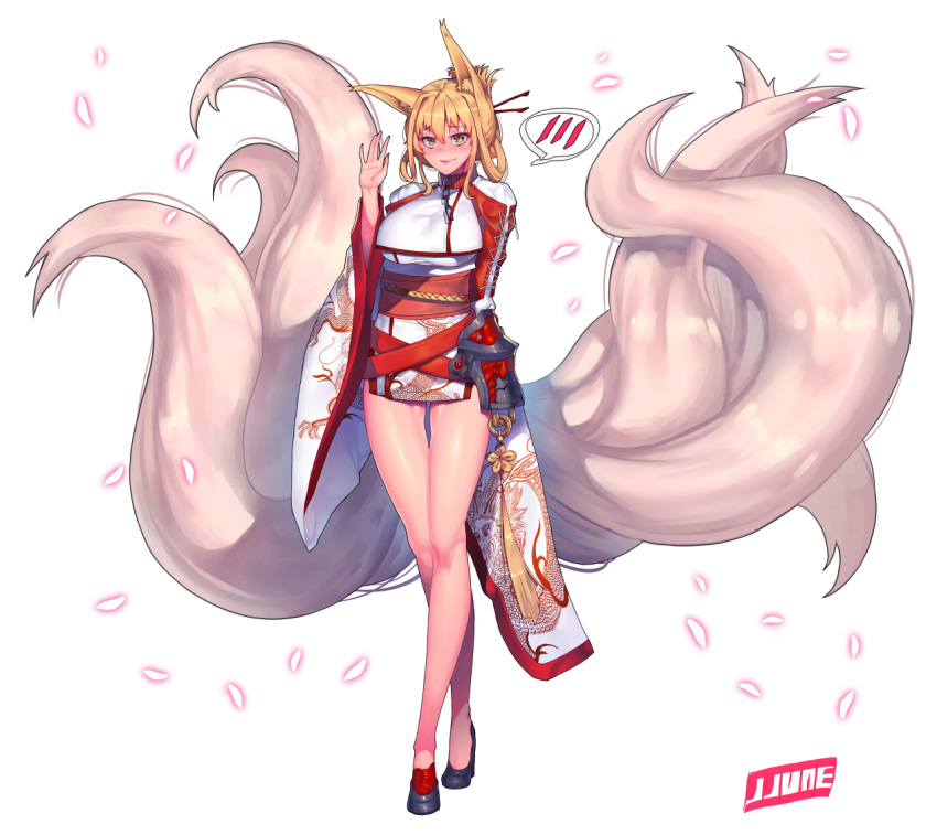 1girl animal_ears blonde_hair blush china_dress chinese_clothes commentary_request dragon_print folded_ponytail fox_ears fox_tail hair_ornament hair_stick jjune long_sleeves multiple_tails obi original sash solo spoken_blush tail wide_sleeves yellow_eyes