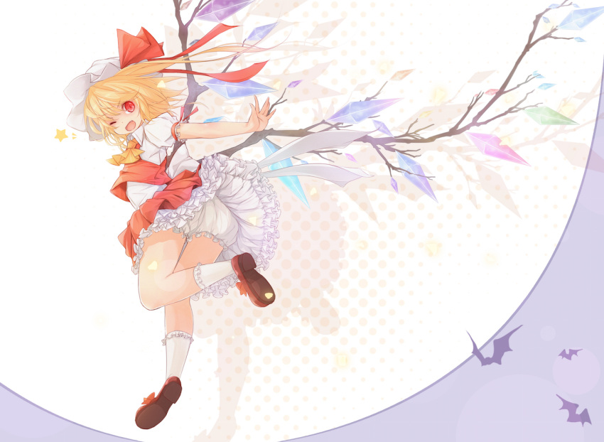 1girl ;d \||/ blonde_hair bloomers blush bobby_socks collared_shirt fang flandre_scarlet frilled_skirt frills legs looking_at_viewer maru-pen mary_janes mob_cap one_eye_closed open_mouth outstretched_arm red_eyes red_shoes shirt shoes short_hair side_ponytail skirt smile socks solo touhou underwear upskirt vest wings