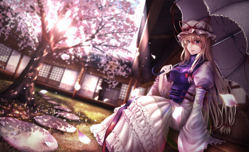 1girl blonde_hair breasts building cherry_blossoms dress grass hat highres long_dress long_hair long_sleeves looking_at_viewer mochi_(chain_csn) outdoors petals sitting smile solo touhou tree umbrella wide_sleeves yakumo_yukari
