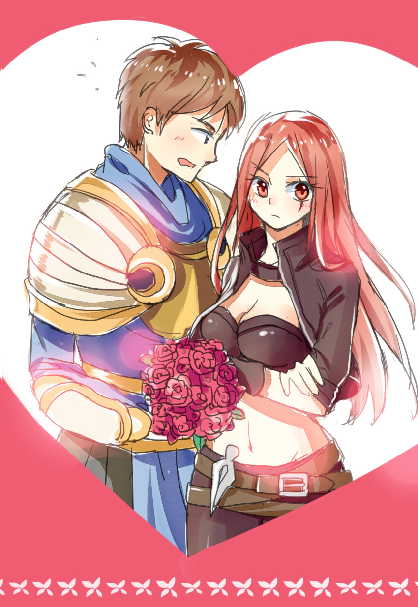 1boy 1girl amiemie armor bouquet breasts brown_hair cleavage crossed_arms flower flying_sweatdrops garen_crownguard highres katarina_du_couteau knife league_of_legends midriff navel open_mouth red_eyes redhead rose scar scar_across_eye sketch throwing_knife