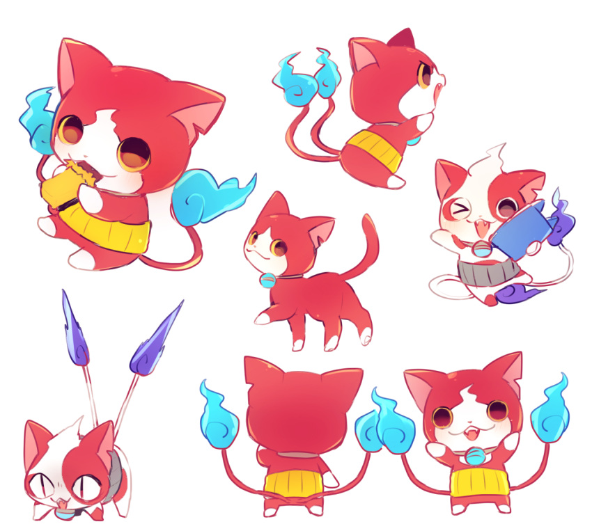 &gt;_o buchinyan candy_bar cat eating fangs from_behind jibanyan makoto_(konbumi) multiple_tails no_humans notched_ear one_eye_closed open_mouth simple_background slit_pupils tablet_pc tail two_tails white_background youkai youkai_pad youkai_watch youkai_watch_2