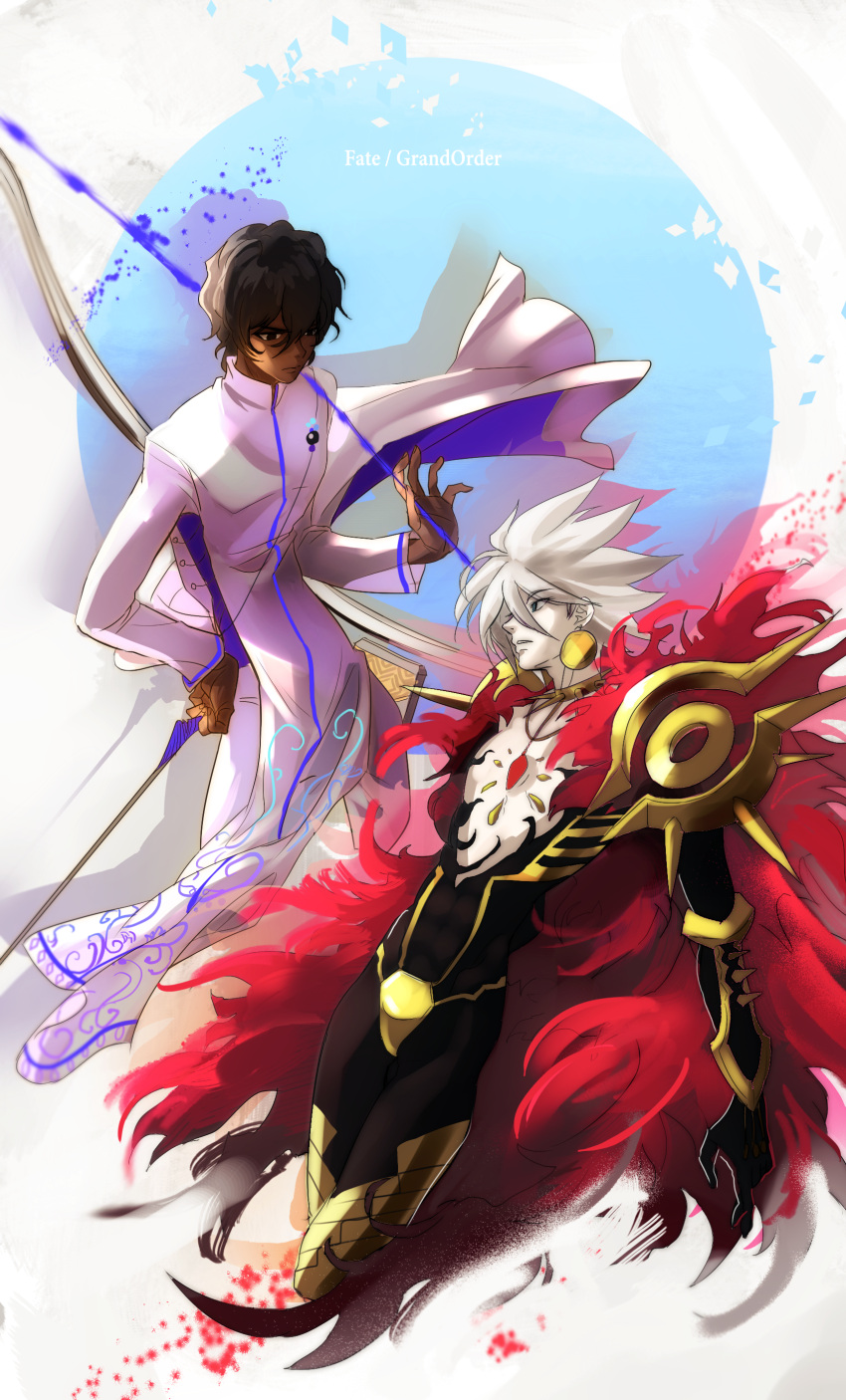 2boys absurdres archer_(fate/grand_order) bow_(weapon) brown_hair dark_skin fate/apocrypha fate/grand_order fate_(series) highres indian_clothes lancer_of_red mj_(cuzbien) multiple_boys weapon white_hair
