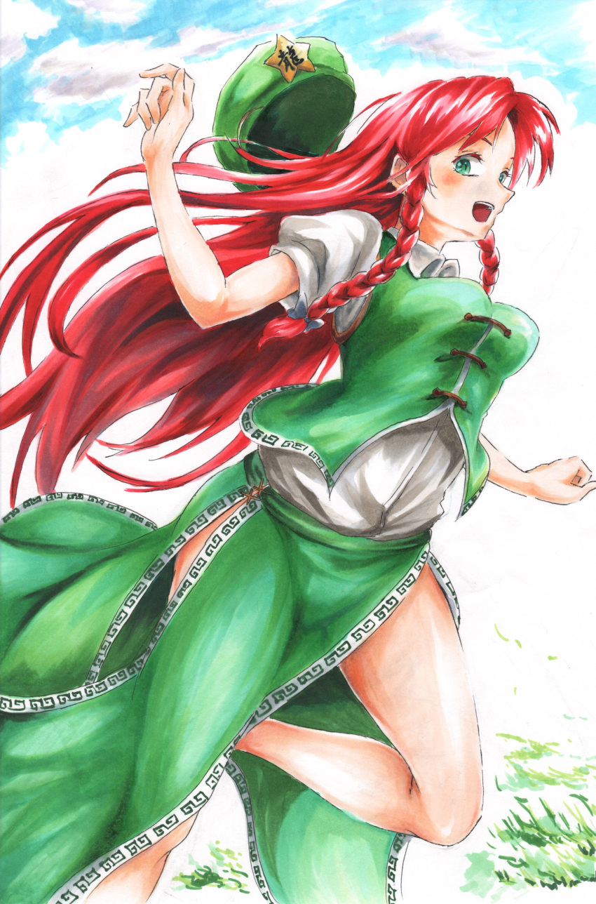 1girl absurdres arm_up blue_sky bouncing_breasts braid breasts chinese_clothes clouds folded_leg green_eyes hat hat_removed headwear_removed highres hong_meiling long_hair looking_at_viewer marker_(medium) mr.bukiyo open_mouth outdoors redhead side_glance sky solo star touhou traditional_media twin_braids very_long_hair vest
