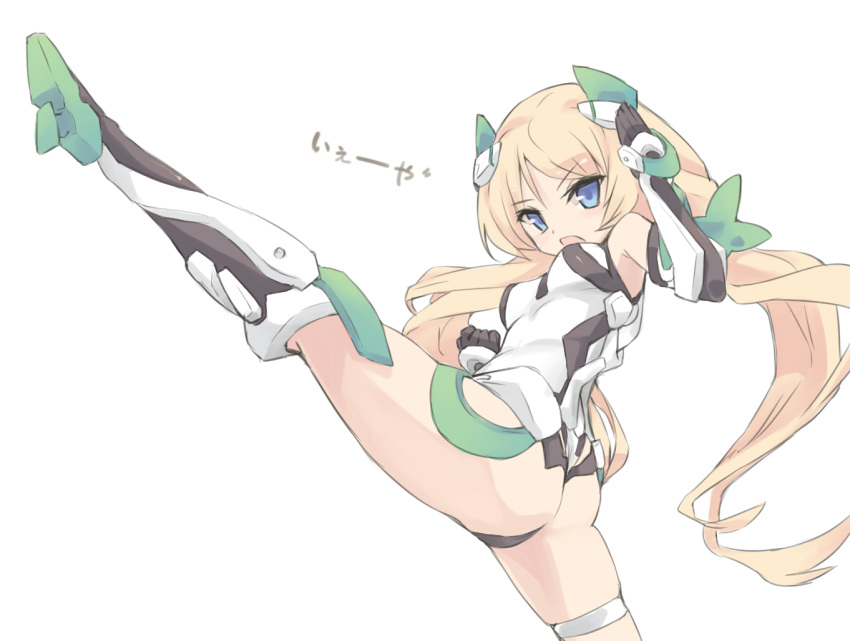 1girl angela_balzac ass blonde_hair blue_eyes elbow_gloves gloves leg_up leotard lo_xueming long_hair looking_at_viewer low_twintails open_mouth rakuen_tsuihou simple_background solo twintails white_background