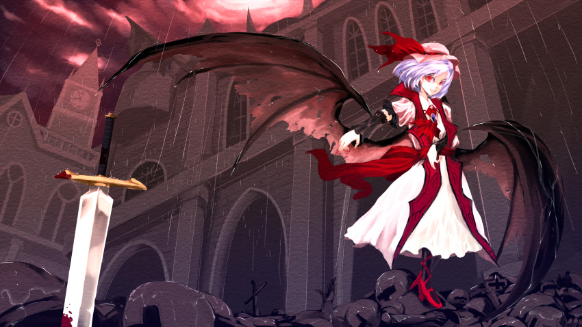 1girl adapted_costume amatou3 armband armor ascot bat_wings black_legwear blood bloody_weapon blue_hair bow brooch clock clock_tower clouds cloudy_sky colored_eyelashes corpse detached_sleeves dress fingernails grin hat hat_bow high_heels highres jewelry lightning long_fingernails mob_cap nail_polish night night_sky rain red_eyes red_nails red_shoes remilia_scarlet scarlet_devil_mansion sharp_fingernails shoe_ribbon shoes short_hair short_sleeves sky slit_pupils smile solo standing teeth touhou tower weapon white_dress wind wings