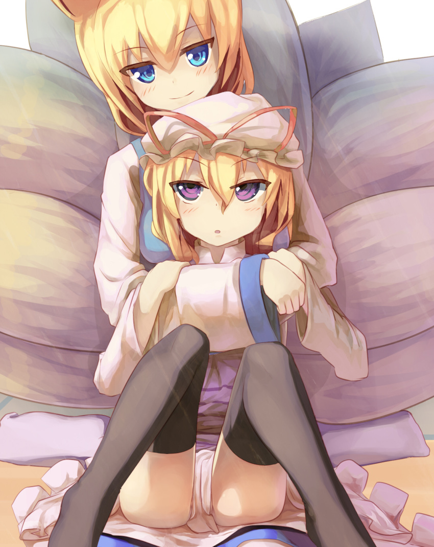 2girls amber_eyes animal_ears blonde_hair bow dress fox_ears fox_tail frills hat highres kyuubi long_hair mob_cap multiple_girls multiple_tails panties pantyshot pantyshot_(sitting) pillow_hat ribbon seneto sitting tabard tail tassel touhou underwear violet_eyes white_dress yakumo_ran yakumo_yukari