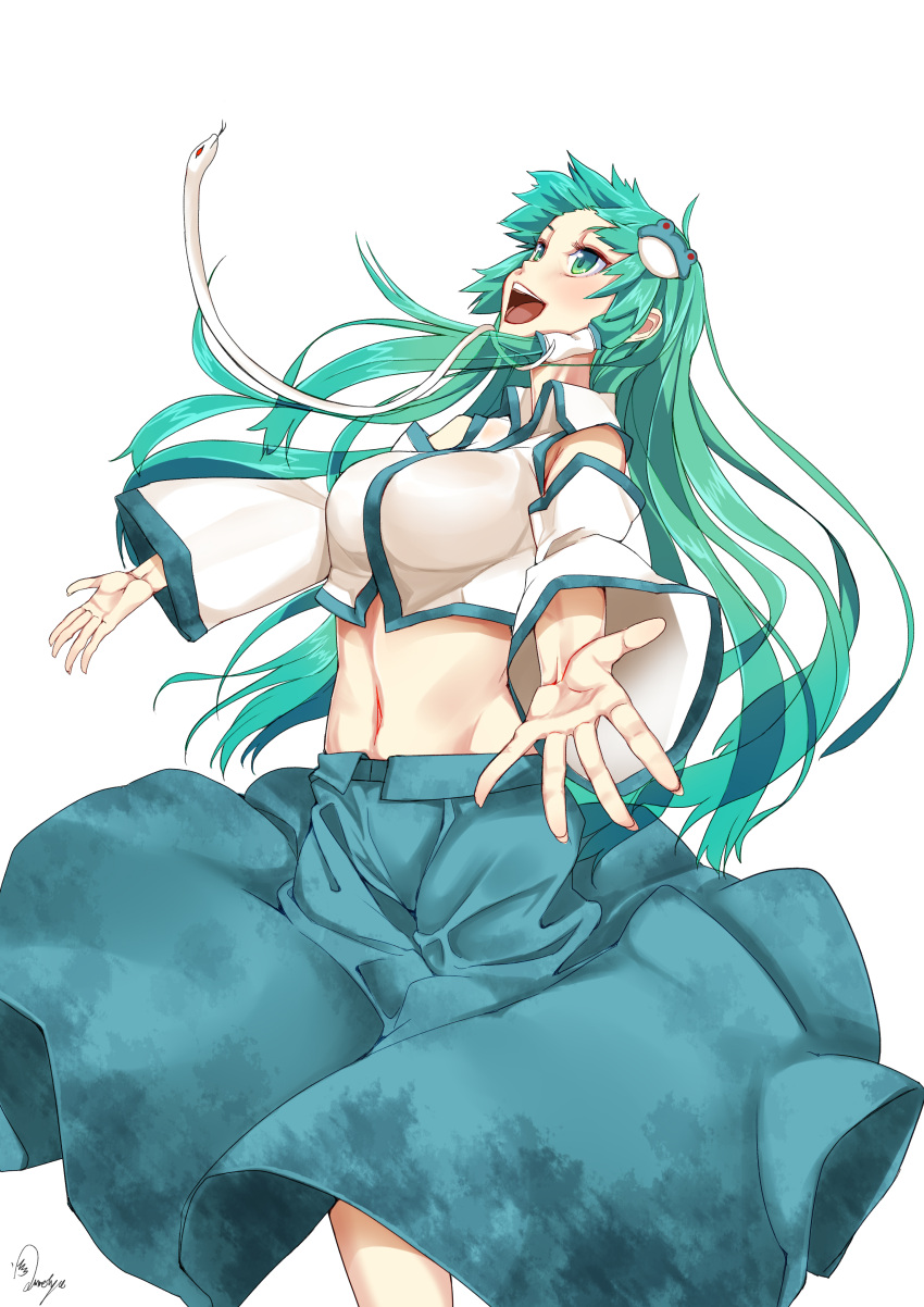 1girl absurdres baicha crop_top detached_sleeves frog_hair_ornament green_eyes green_hair hair_ornament hair_tubes highres japanese_clothes kochiya_sanae long_hair long_sleeves looking_up midriff miko navel open_mouth outstretched_arms signature simple_background skirt smile snake_hair_ornament solo touhou upskirt white_background wide_sleeves