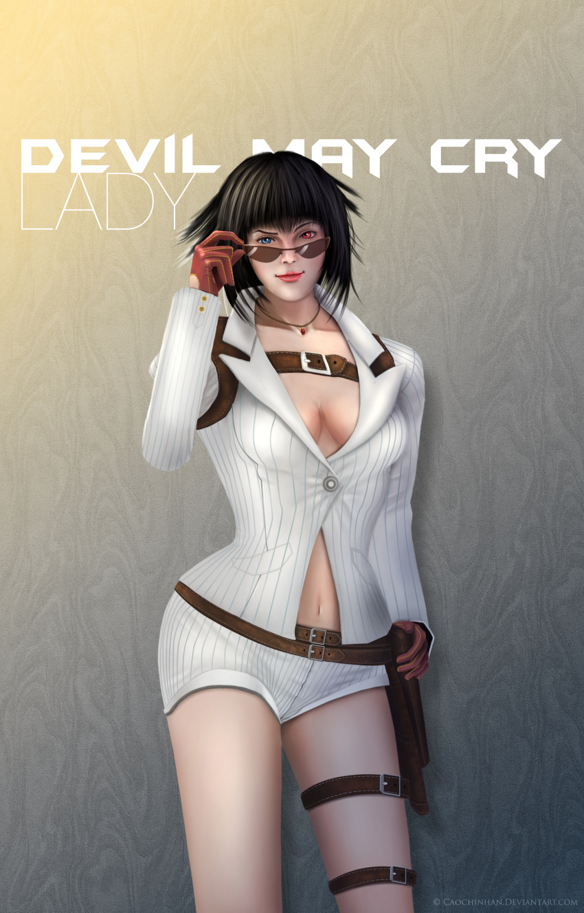 1girl absurdres adjusting_sunglasses black_hair blue_eyes breasts brown_gloves cao_chi_nhan cowboy_shot devil_may_cry gloves hand_on_hilt hand_on_hip heterochromia highres huge_filesize jacket lady_(devil_may_cry) lips lipstick makeup no_bra nose pinstripe_pattern red_eyes short_hair short_shorts shorts smile solo sunglasses thigh_strap vertical_stripes