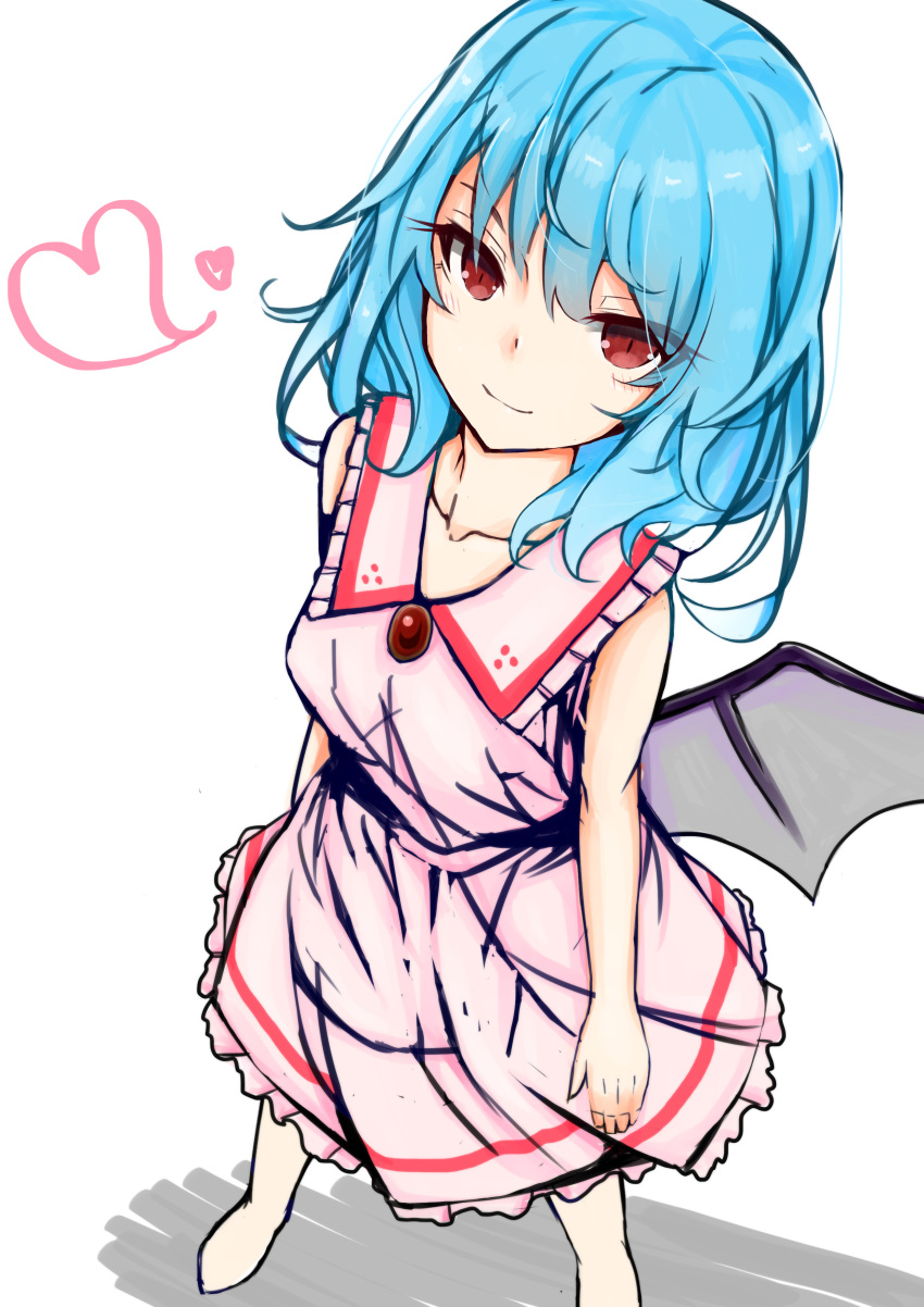 1girl absurdres arms_at_sides bat_wings blue_hair brooch collarbone dress heart highres jewelry light_smile looking_at_viewer looking_up no_hat pink_dress red_eyes remilia_scarlet simple_background sleeveless sleeveless_dress solo tohochang touhou white_background wings