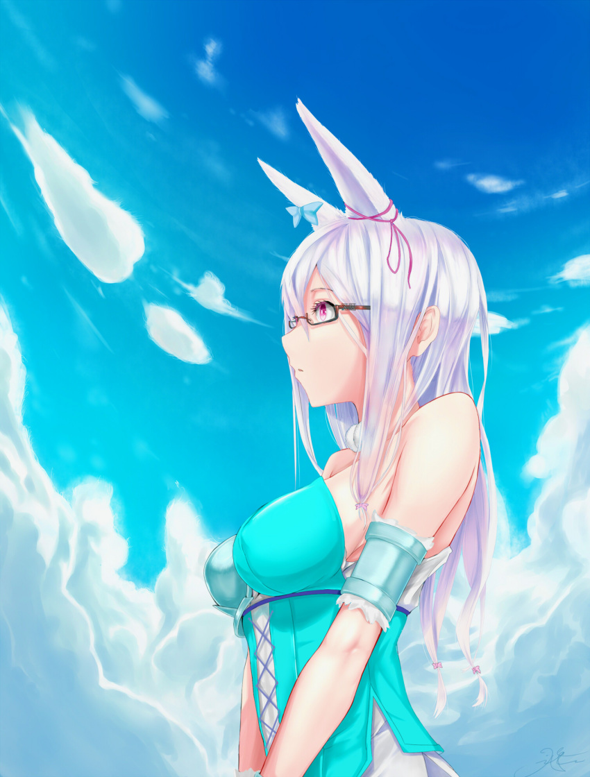 1girl animal_ears bare_shoulders bow breasts chain_chronicle character_request clouds glasses hair_bow highres large_breasts long_hair pink_eyes red_eyes shijiu_(adamhutt) sideboob solo straight_hair white_hair
