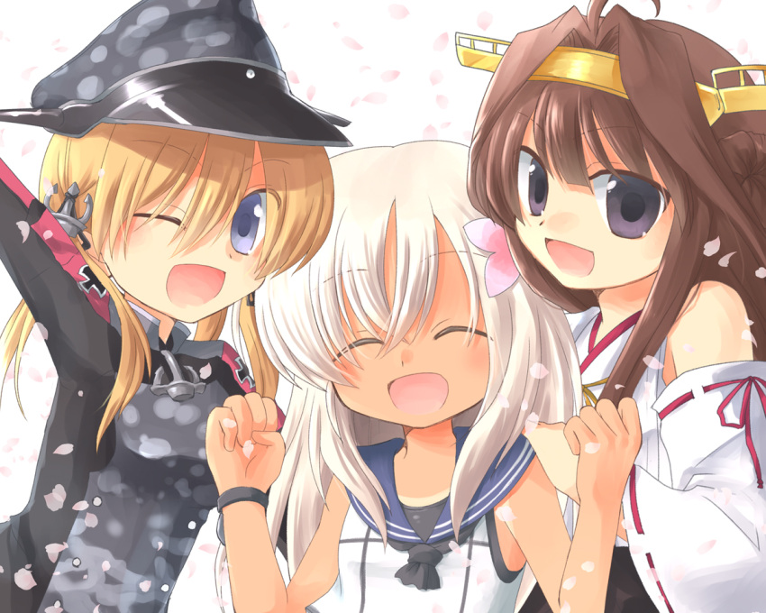 3girls blonde_hair brown_hair closed_eyes crop_top detached_sleeves double_bun flower hair_flower hair_ornament hairband hat kantai_collection kongou_(kantai_collection) long_hair military military_uniform multiple_girls nontraditional_miko one_eye_closed peaked_cap prinz_eugen_(kantai_collection) ro-500_(kantai_collection) ryuuga_nanamaru sailor_collar twintails uniform violet_eyes