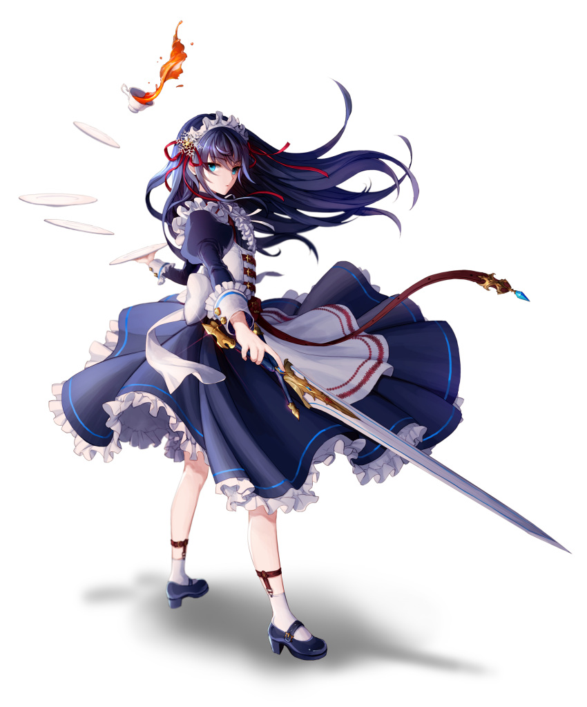 1girl absurdres blue_eyes blue_hair blurry cup depth_of_field dress frills from_side full_body hair_ornament hair_ribbon highres long_hair looking_at_viewer maid maid_headdress official_art original plate ribbon snowflake_hair_ornament solo standing sword teacup weapon wind yuri_(anachronic)