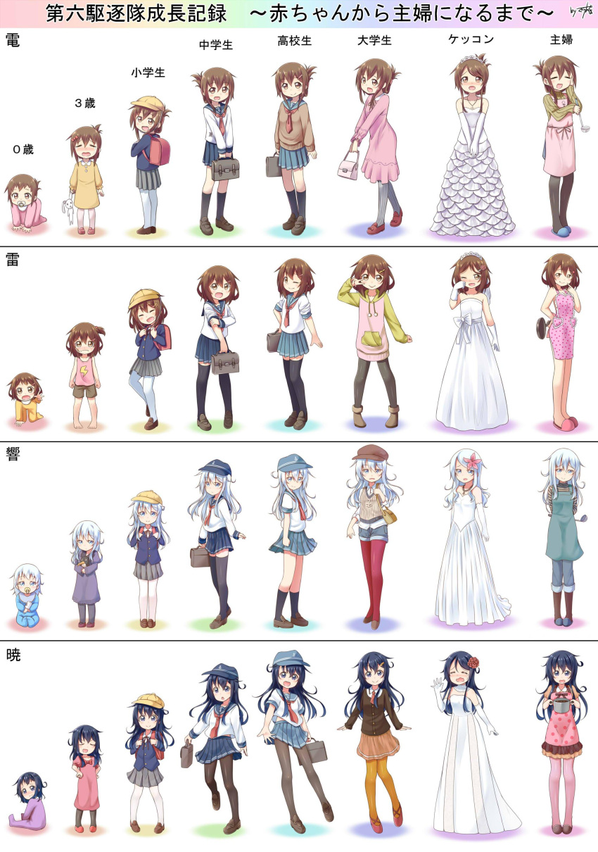 &gt;:d &gt;:t 4girls :d :p :t ;) ;d =_= absurdres age_progression akatsuki_(kantai_collection) anchor_symbol apron baby backpack bag bandaid bandaid_on_face bare_shoulders black_hair black_legwear blue_eyes blue_skirt blush brown_eyes brown_hair casual contemporary costume_chart crying dress elbow_gloves fang fang_out flower folded_ponytail frying_pan gloves gurande_(g-size) hair_flower hair_ornament hair_ribbon hairclip hand_on_own_cheek handbag happy_tears hat heart_hair_ornament hibiki_(kantai_collection) highres hoodie ikazuchi_(kantai_collection) inazuma_(kantai_collection) kantai_collection kindergarten_uniform kneehighs ladle lightning_bolt loafers long_hair long_sleeves looking_at_viewer multiple_girls naked_apron neckerchief older one_eye_closed open_mouth pacifier pantyhose pinstripe_pattern pleated_skirt pom_pom_(clothes) randoseru ribbed_sweater ribbon sailor_collar school_bag school_hat school_uniform serafuku shoes short_hair shorts side_ponytail silver_hair skirt slippers smile strapless_dress stuffed_animal stuffed_bunny stuffed_toy sweater tears thigh-highs tiara tongue tongue_out translated turtleneck v_over_eye violet_eyes wedding wedding_dress younger
