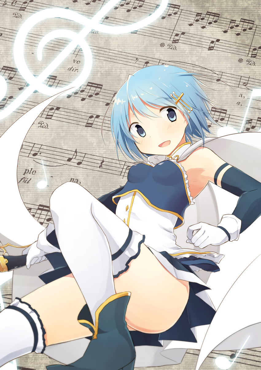 1girl :d armband blue_eyes blue_hair cape gloves hair_ornament hairclip highres kyabechi mahou_shoujo_madoka_magica mahou_shoujo_madoka_magica_movie miki_sayaka musical_note open_mouth short_hair smile solo staff_(music) sword thigh-highs weapon zettai_ryouiki