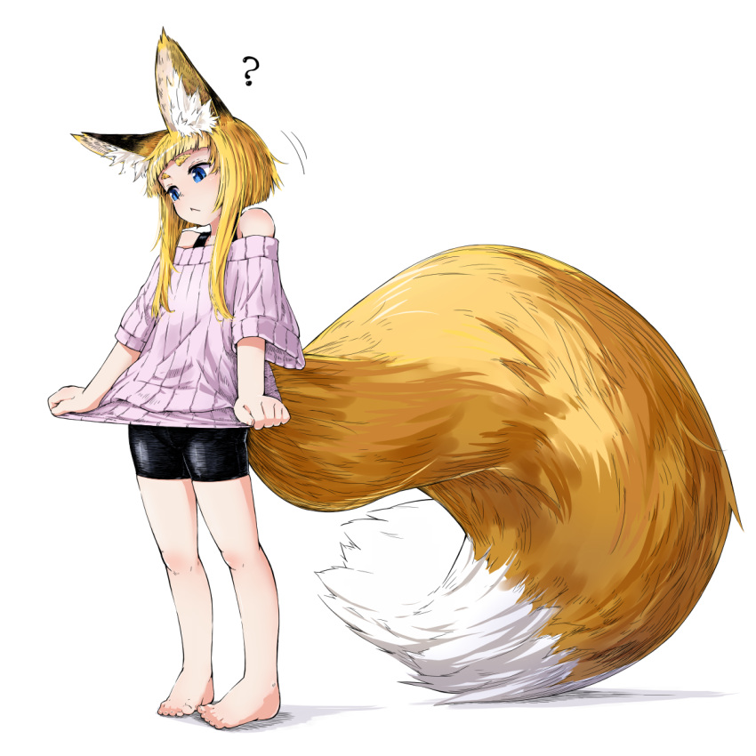 1girl :&lt; ? animal_ears bare_legs barefoot bike_shorts blonde_hair blue_eyes eyebrows fox_ears fox_tail highres jaco original payot ribbed_sweater solo standing sweater tail thick_eyebrows turtleneck