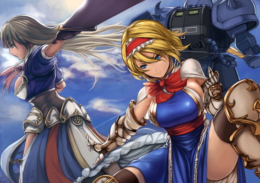 1girl adapted_costume alice_margatroid bare_shoulders blonde_hair blue_eyes blue_sky breasts clouds crossover dress facing_away faulds frown gauntlets giantess goliath_doll gouf greaves gundam hairband hoshara long_hair mecha mobile_suit_gundam puppet_strings revision ribbon sash serious short_hair sideboob sky slashing sleeveless sleeveless_dress squatting sword touhou weapon