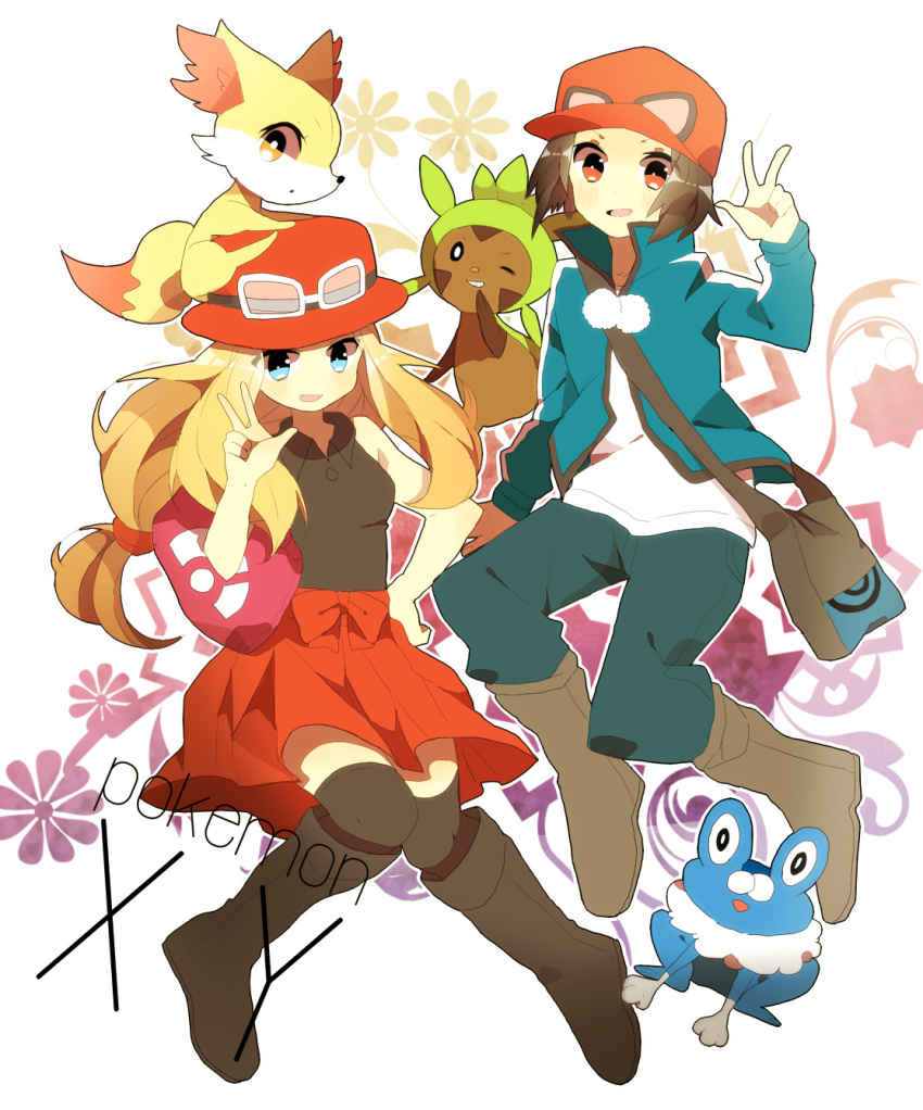 1boy 1girl bag black_legwear blonde_hair blue_eyes boots brown_hair calme_(pokemon) chespin copyright_name fang fennekin froakie grin hat highres hiyoko_(hello) knee_boots one_eye_closed pokemon pokemon_(creature) pokemon_(game) pokemon_xy red_eyes serena_(pokemon) smile sunglasses sunglasses_on_head thigh-highs v