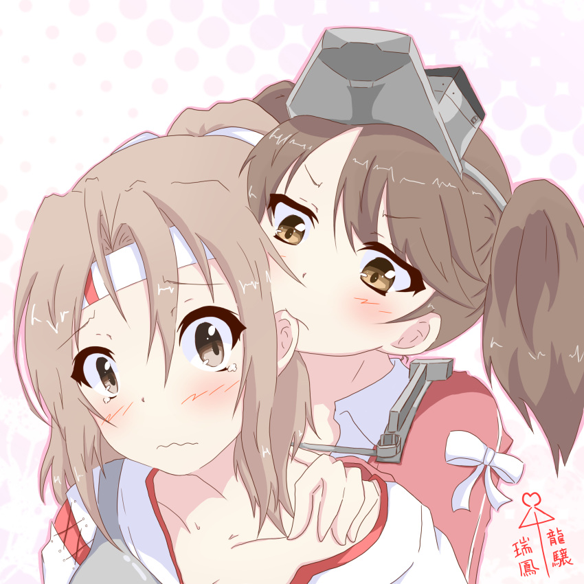 2girls absurdres biting blush bow breastplate brown_eyes brown_hair character_name ear_biting frown hand_on_shoulder headband highres japanese_clothes kantai_collection multiple_girls nibbling ponytail ryuujou_(kantai_collection) scared short_ponytail tears twintails visor_cap wavy_mouth yuri zuihou_(kantai_collection)