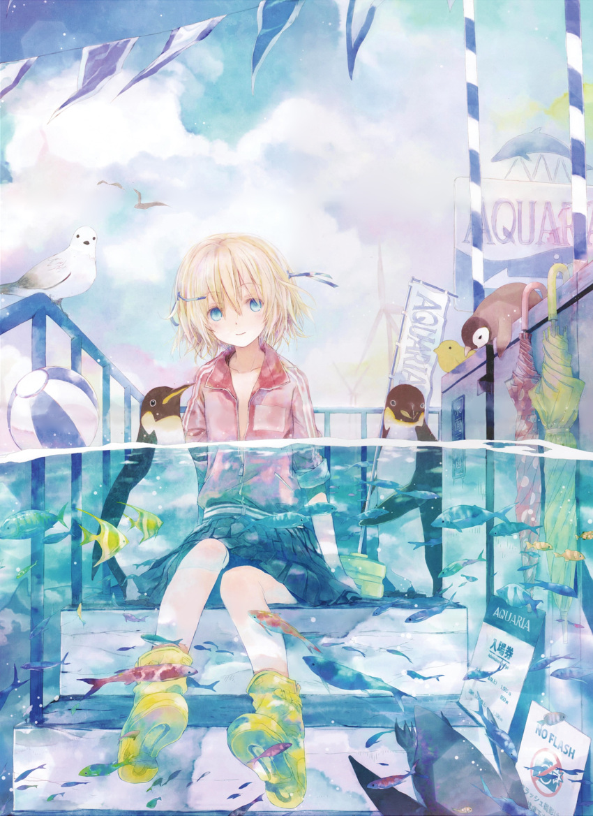 1girl absurdres ball bird blonde_hair blue_eyes boots closed_umbrella clouds collarbone dolphin fish flat_chest hair_ribbon highres looking_at_viewer no_bra open_clothes partially_submerged partially_underwater_shot penguin pleated_skirt ribbon scan sitting sitting_on_stairs skirt sky sleeves_rolled_up smile solo stairs surreal takano_otohiko track_jacket tropical_fish umbrella unzipped water wind wind_turbine windmill yellow_boots