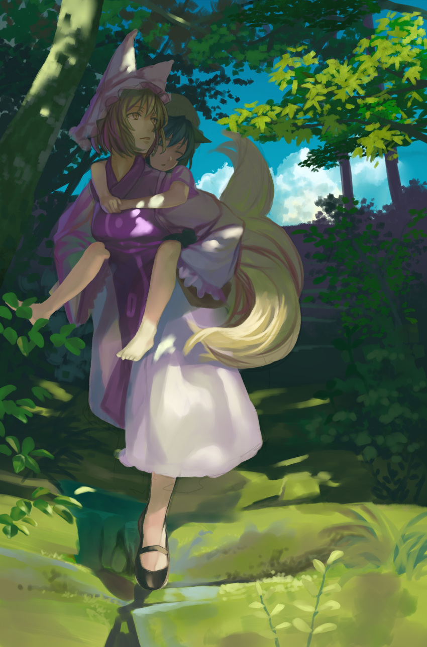 2girls absurdres animal_ears barefoot black_hair blue_sky cat_ears chen closed_eyes clouds dappled_sunlight dress forest fox_tail hat hat_with_ears hidebo highres long_sleeves mob_cap multiple_girls multiple_tails nature path piggyback road sky tabard tail touhou white_dress wide_sleeves yakumo_ran yellow_eyes