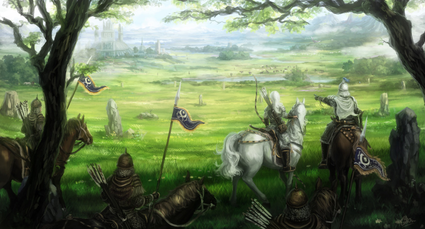 1girl absurdres armor arrow bow_(weapon) castle fantasy gauntlets highres horse long_hair makkou_4 meadow multiple_people original pointing polearm scenery spear tree weapon white_hair white_horse