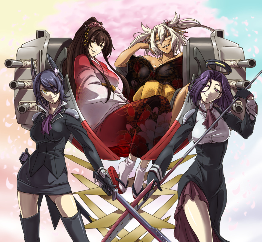 4girls adapted_costume bare_shoulders blue_hair breasts brown_eyes brown_hair cleavage dark_skin dress eyepatch glasses gloves hair_ornament hair_over_one_eye halo headgear highres kantai_collection large_breasts long_hair miniskirt multiple_girls musashi_(kantai_collection) off_shoulder polearm ponytail short_hair side_slit skirt smirk spear sword tabi tatsuta_(kantai_collection) tenryuu_(kantai_collection) thigh-highs tsuzuki_masumi twintails weapon white_hair yamato_(kantai_collection) yellow_eyes