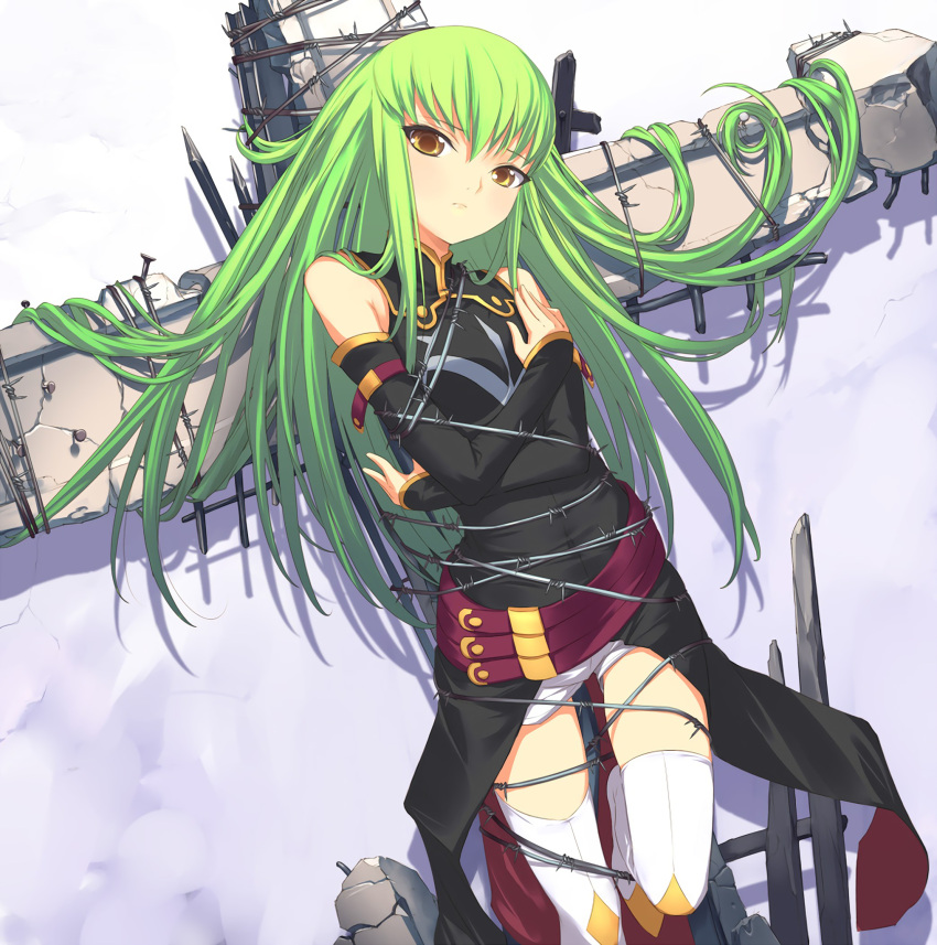 1girl barbed_wire c.c. code_geass cross detached_sleeves green_hair highres long_hair solo thigh-highs tied_up uni upscaled yellow_eyes