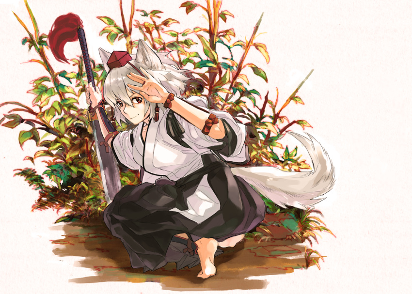 1girl adapted_costume alternate_costume animal_ears barefoot full_body hakama hat inubashiri_momiji japanese_clothes kimono long_sleeves looking_at_viewer looking_back red_eyes short_hair silver_hair smile smirk soles solo squatting string sword tail tiptoes toeless_socks tokin_hat tora_jun touhou weapon wide_sleeves wolf_ears wolf_tail