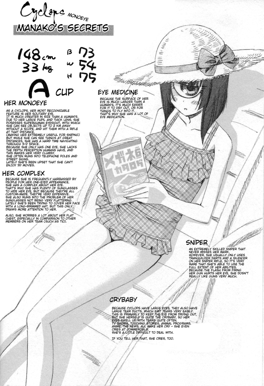 1girl blush casual_one-piece_swimsuit chair character_profile colored comic_ryu cyclops frilled_swimsuit frills hard_translated hat highres inui_takemaru lounge_chair manako measurements monochrome monster_girl monster_musume_no_iru_nichijou one-eyed one-piece_swimsuit reading short_hair solo sun_hat swimsuit translated