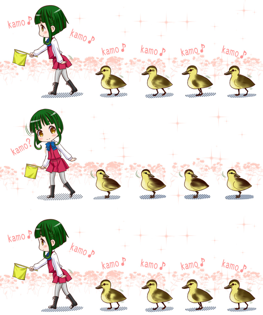 1girl bird bob_cut boots braid brown_eyes cross-laced_footwear dress duck duckling flag green_hair highres kantai_collection lace-up_boots long_sleeves maroon_dress musical_note neko_danshaku pantyhose payot short_hair sleeveless sleeveless_dress smile solo takanami_(kantai_collection) white_blouse