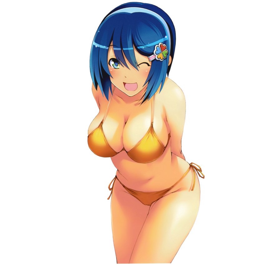 1girl 7-tan ;d arms_behind_back bikini blue_eyes blue_hair blush breasts cleavage collarbone hair_ornament hairband hairclip highres large_breasts leaning_forward madobe_nanami one_eye_closed open_mouth os-tan short_hair side-tie_bikini smile solo swimsuit wakaba white_background windows_7 wink