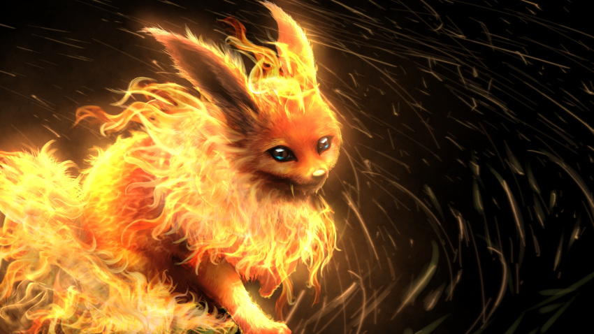 black_background blue_eyes ears embers fire flareon highres no_humans pokemon pokemon_(creature) realistic smile_(qd4nsvik) snout solo