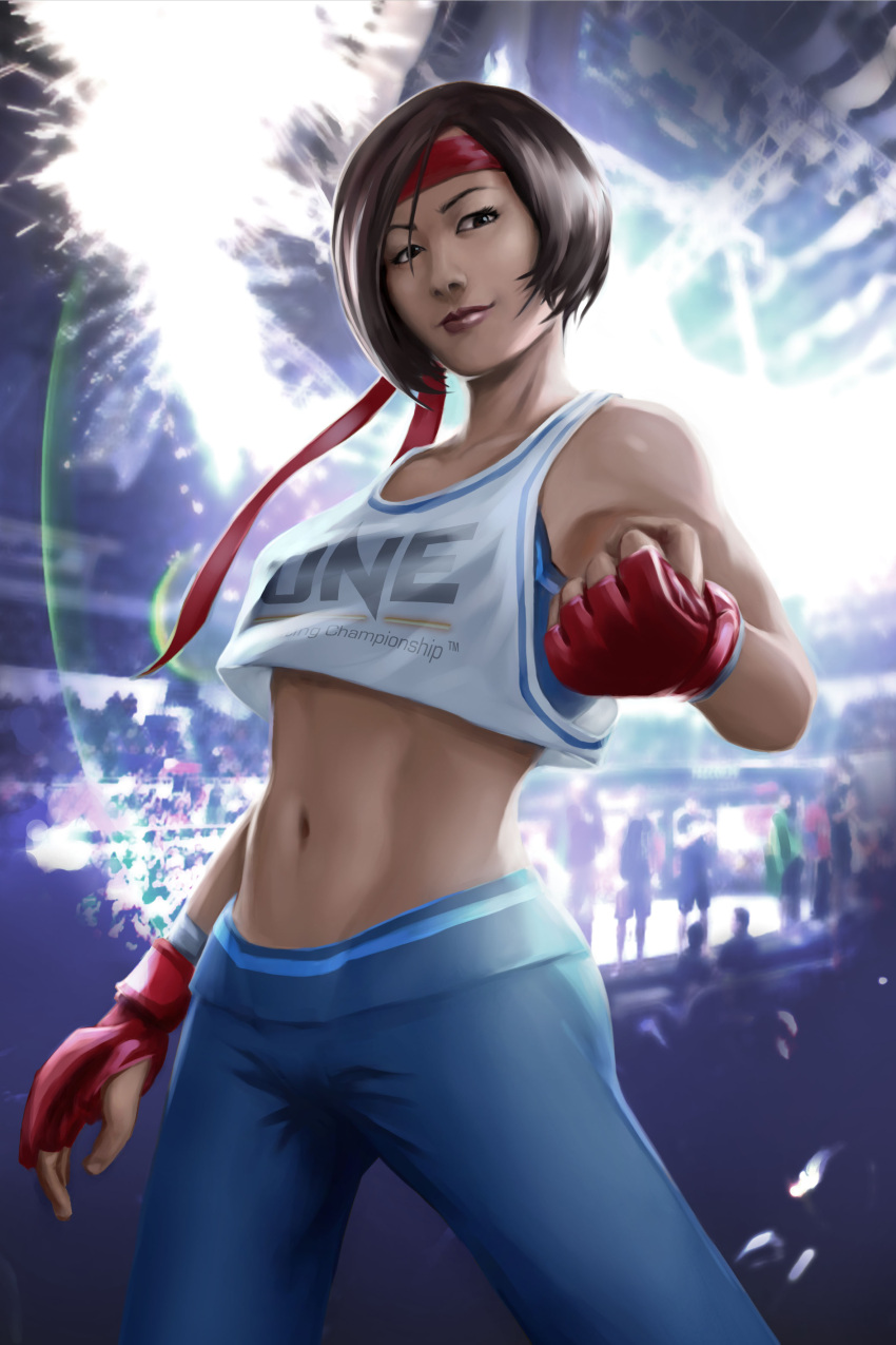 1girl absurdres alternate_costume bangs clenched_hand commentary cowboy_shot crop_top fingerless_gloves gloves headband highres kasugano_sakura lips midriff miguel_blanco navel nose older pants short_hair smile solo spandex street_fighter swept_bangs toned
