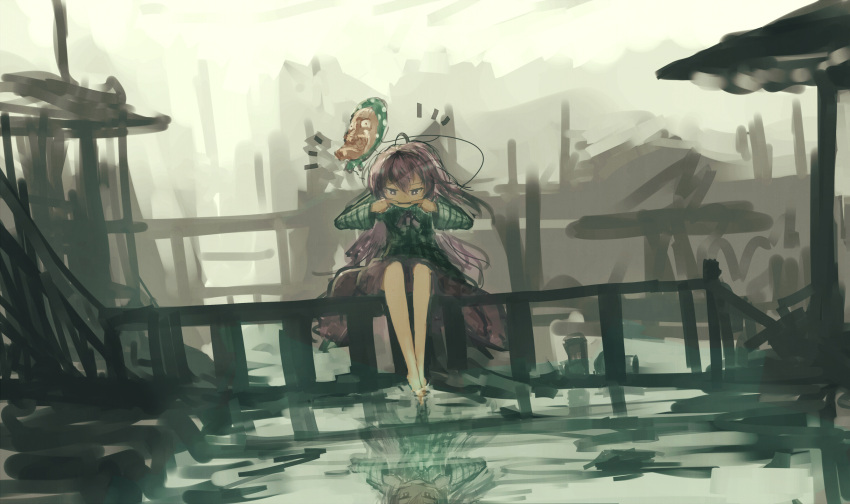 1girl ahoge barefoot feet_in_water finger_in_mouth fingersmile full_body hata_no_kokoro highres long_hair long_sleeves looking_at_another looking_down mask mifuru outdoors pink_eyes pink_hair plaid plaid_shirt practicing reflection shirt skirt soaking_feet solo touhou very_long_hair water
