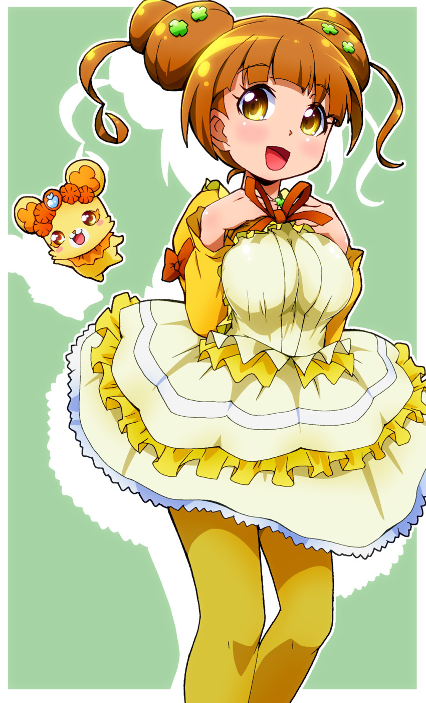 1girl bow breasts brown_hair creature dokidoki!_precure double_bun frilled_skirt frills green_background hair_ornament hairclip highres large_breasts orange_bow pantyhose precure rance_(dokidoki!_precure) ryuuta_(cure_ryuuta) short_hair skirt smile standing yellow_eyes yellow_legwear yotsuba_alice
