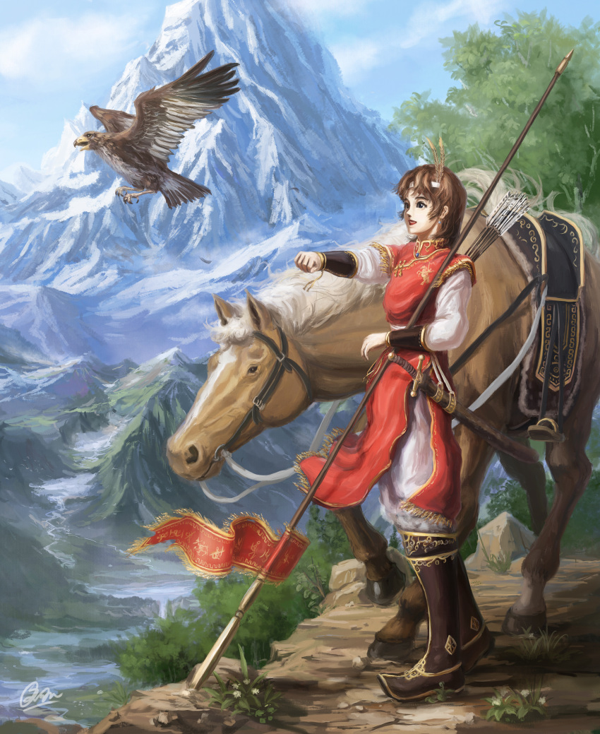 1girl absurdres arrow bird blue_eyes bridle brown_hair earrings falcon fantasy filigree highres horse jewelry mountain open_mouth original outstretched_arm polearm saddle scabbard sheath spear sword weapon