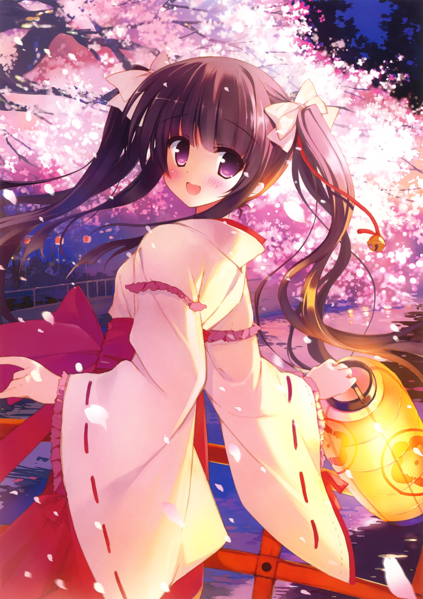 1girl :d absurdres bangs bell blush bow brown_hair cherry_blossoms frilled_sleeves frills from_side hair_bell hair_bow hair_ornament highres holding japanese_clothes jingle_bell lantern long_hair looking_at_viewer mamita miko night open_mouth outdoors paper_lantern payot petals ribbon-trimmed_sleeves ribbon_trim scan smile solo tree twintails violet_eyes wide_sleeves
