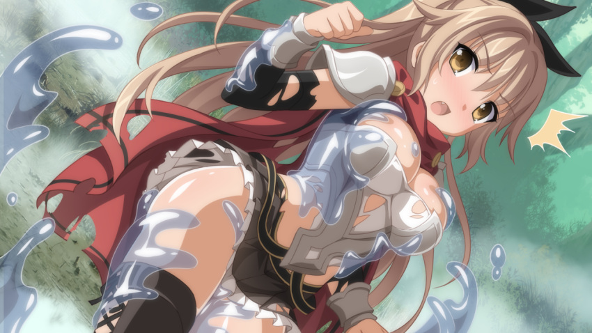 /\/\/\ 1girl black_legwear blush breastplate breasts brown_eyes brown_hair cleavage detached_sleeves dissolving_clothes dutch_angle fang game_cg long_hair miniskirt nose_blush open_mouth outdoors pauldrons pleated_skirt ponytail red_scarf sakura_fantasy scarf skirt slime solo tears thigh-highs vambraces wanaca