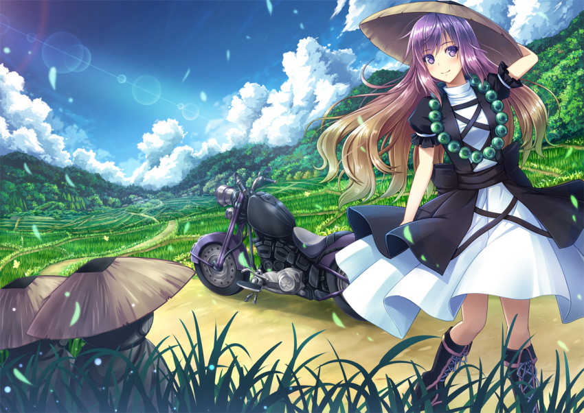 1girl akashio_(loli_ace) black_dress blonde_hair blue_sky boots clouds cross-laced_footwear dress forest grass hat hijiri_byakuren jewelry landscape layered_dress lens_flare long_hair motor_vehicle motorcycle nature necklace puffy_sleeves purple_hair rice_paddy sky smile solo statue touhou vehicle very_long_hair violet_eyes white_dress wind
