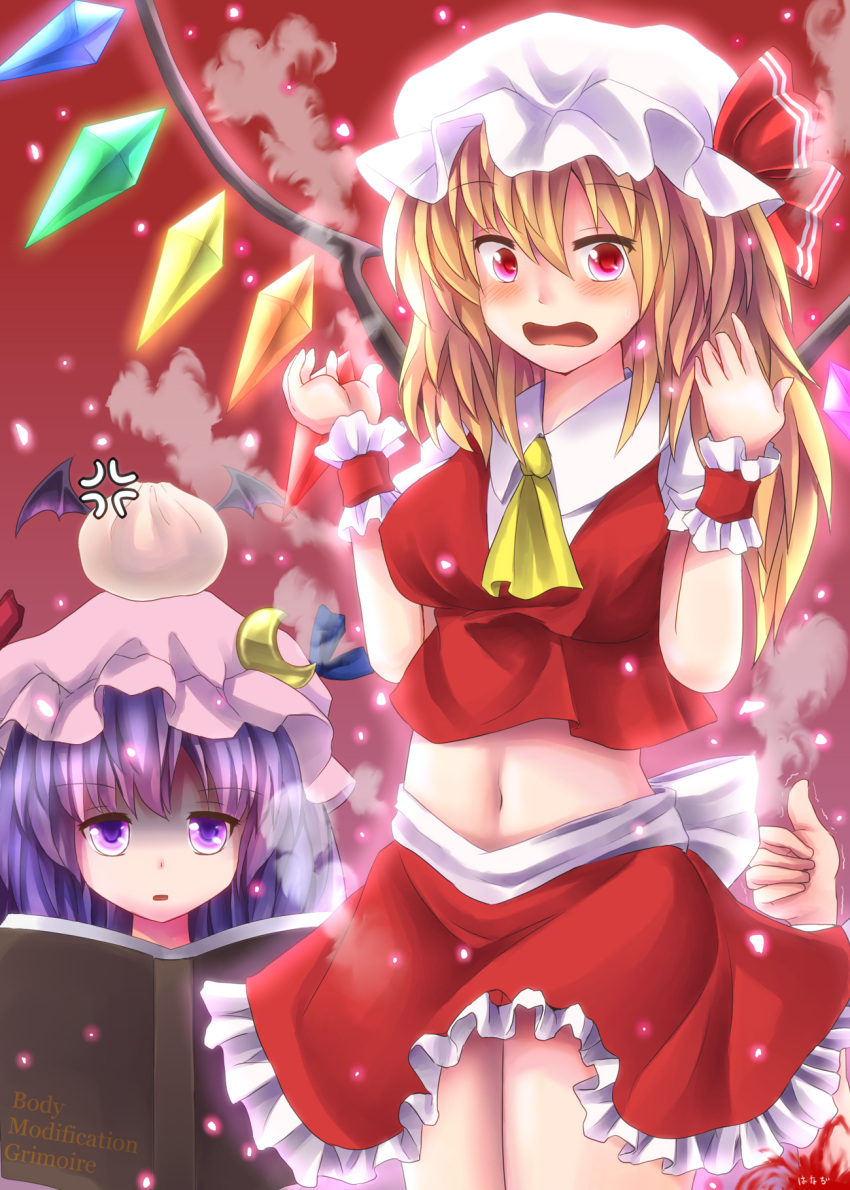2girls ascot asymmetrical_hair asymmetrical_wings blonde_hair crescent_hair_ornament double_bun dress flandre_scarlet hair_between_eyes hair_ornament hair_ribbon highres koakuma long_hair looking_at_another looking_at_viewer midriff miniskirt mob_cap multiple_girls objectification older open_mouth out_of_frame patchouli_knowledge purple_hair reading red_background red_dress red_eyes red_skirt ribbon shaded_face side_ponytail simple_background skirt steam t.m_(aqua6233) thumbs_up touhou tress_ribbon undersized_clothes violet_eyes wavy_mouth wings wrist_cuffs