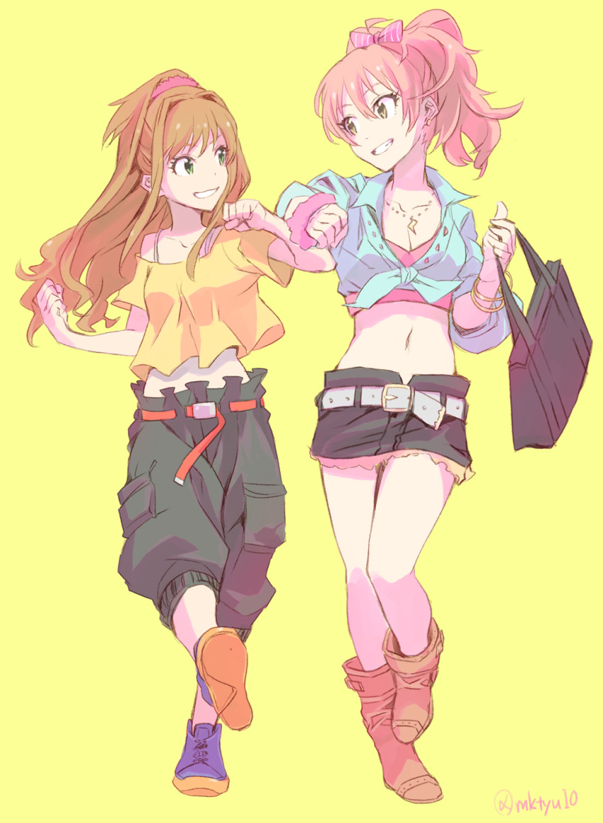 2girls ankle_boots bag bangs belt belt_boots blouse blue_shirt boots bow bra_strap bracelet capri_pants crop_top crop_top_overhang cross-laced_footwear eye_contact front-tie_top full_body green_eyes grin hair_bow hair_intakes handbag highres hino_akane_(idolmaster) holding_bag idolmaster idolmaster_cinderella_girls jewelry jougasaki_mika light_brown_hair long_hair looking_at_another midriff multiple_girls navel necklace off_shoulder pants pendant ponytail scrunchie shirt short_sleeves shorts siblings side-by-side simple_background sisters smile standing tied_shirt twitter_username wing_collar wrist_scrunchie yellow_background yellow_blouse yoshito