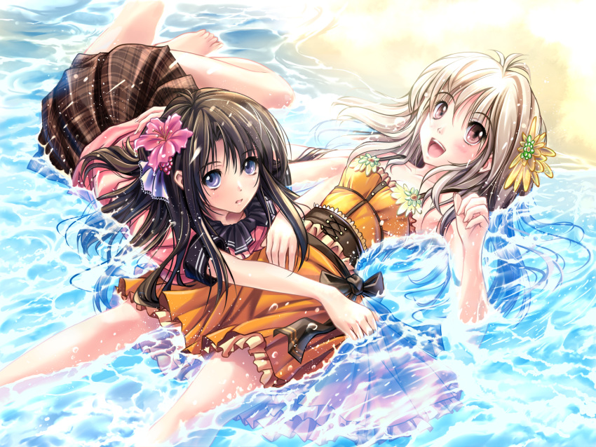 2girls :d barefoot beach blue_eyes blush brown_eyes brown_hair dress flower hair_flower hair_ornament happy highres long_hair lying multiple_girls on_back on_stomach open_mouth original partially_submerged plaid plaid_skirt revision skirt smile soraizumi water